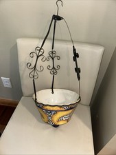 Authentic Mexican Talavera Hanging Planter Yellow -vintage 10” x 9” metal Hangr picture