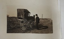 RPPC AZO 1904-1918 Elderly Man Standing in Dirt Road Next To Horse & Buggy picture