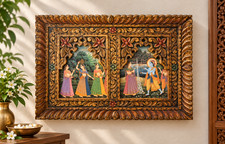Vintage Wooden Wall Art Hand Carved Indian Krishna and Gopis Panel Paper Art picture