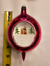 Vintage Red Triple Indent w/Hand-painted Cabin in Snow Scene Christmas Ornament picture