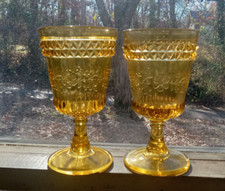 1870s GOLDEN AMBER ADAMS WILDFLOWER NO.140 EAPG MATCHING PAIR OF GOBLETS picture