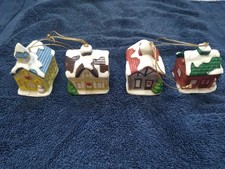 Vintage HOMCO Christmas Ornaments - Set of 4 - 3 Houses and 1 Church - Ceramic picture