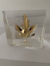 Vintage Acrylic Lucite Gold Maple Leaf Paperweight Odd Shape Clear Collectible picture