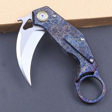 Blue Anodized Titanium Handle Claw Pocket Folding Knife Combat Karambit Flipper picture