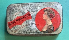 American Girl Vintage Early Flat Pocket Tin Globe Tobacco Co Detroit MICH picture