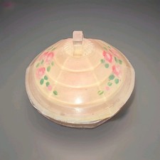 TAUSSAUNT Glass PINK FROSTED SATIN REVERSE PAINTED POWDER JAR & LID ANTIQUE 1920 picture