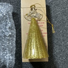 Avon 5.25” Blown glass Christmas ornament angel praying Gold glitter 2016. picture