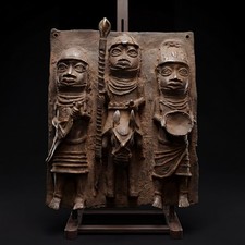 Antique Benin Bronze Plaque 1970s Royal Oba Court Warriors Lost Wax African Art picture