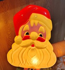 Set Of Two Vintage Lighted Plastic Blow Mold Santa Face Decoration. 1960s. picture