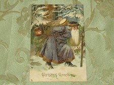 Antique *Purple Coat Santa/ Boy in woods / Gold Highlights* Tuck's 1908 PC picture