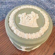 Vintage 1964 Wedgwood Sage Green Jasperware Round Trinket Box picture