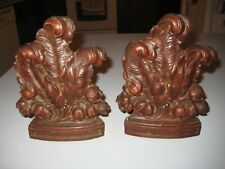 Vintage Syroco Composite Wood Bookends~Acanthus Leaf Leaves Plume Floral Brown picture