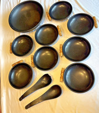 VTG MCM, K LaMoyne Ebonyte Black Melamine Salad Bowl Set 11pc Orig. Handle Tiki picture