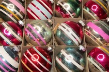 Lot VTG Glass Striped Frosted Top BALL Christmas Ornaments Shiny Brite Corning picture