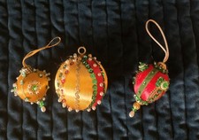 VTG Set 3 Victorian style Satin Ornaments Push Pin Christmas Balls Sequin Beads  picture