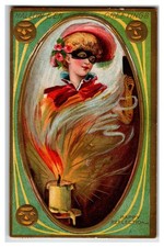Vintage 1909 Halloween Masquerade Woman Candle Smoke Happy Reflections Postcard picture