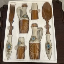 Vintage MCM Wood And Ceramic Salad Set picture