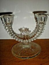 Candle Stick Double Arm Holder Antique Glass Spool Ribbed with Etched Flowers picture