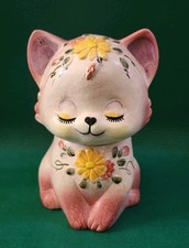 Vintage Anthropomorphic Pink Cat with Floral Design Candy or Cookie Jar, RARE picture