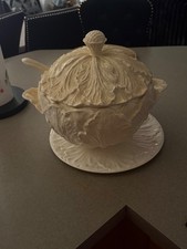 Vintage Whittier Pottery Large White Cabbage Soup Tureen Underplate Laddle picture