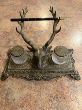 Antique Bradley & Hubbard Cast Iron Stag Head Double Inkwell Stand 6013 W/ Pen picture