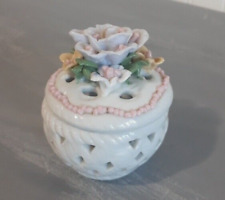 White Floral Porcelain Basket Weave Covered Trinket Dish picture