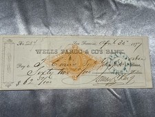 1877 Wells Fargo Bank Check Gold Hill NV G & J Grant Revenue Stamp Old West picture