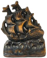 CAST IRON BOOKEND SAILING SHIP DOORSTOP CARRACK PATINA PAPERWEIGHT PIRATE BOAT picture
