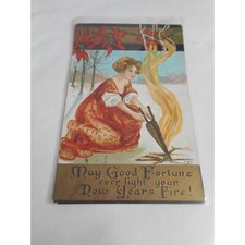 Vintage New Year's Postcard posted written Fire Poinsettia 1910 embossed picture