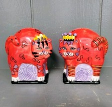 Set Ceramic Kitty Cat Salt & Pepper Shakers Red Purple Whimsical King Queen Folk picture