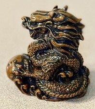 VTG Heavy Resin Chinese Dragon Figurine Holding Pearl Faux Wood 3.5” picture