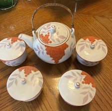 10 Piece Sake Teapot And Cups By Kikusui Hard Pottery Vintage 4” Tall Teapot picture