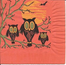 Vintage Beach Paper Halloween Napkin ~ Three Owls Sitting in a Tree, Bats picture