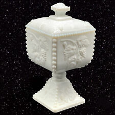 Vintage Milk Glass Covered Dish Beaded Pedestal Grapes On Vine 9”T 4.5”W picture