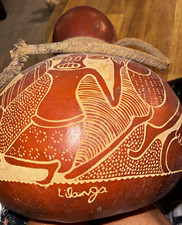 Handmade African Gourd Vessel w/ Rope Handle, Lid, Signed George Lilanga picture