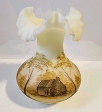 Vintage Fenton Burmese Vase Log Cabin Vaseline Glass Hand Painted Signed Glows picture