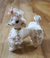 Vintage Inarco Japan Spaghetti Poodle Figurine E-1795 White Gold Trim Pink Rose picture