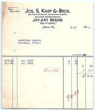1943 Jos. S. Karp & Bros. Altoona, PA Billhead to Am. Legion picture