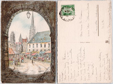 France Rouen 1930 Old Town Market Scene Cathedral Arch Barday Painting Postcard picture