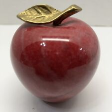 Vintage Red Marble Apple Paperweight with Brass Stem and Leaf Nice Veins 3.25