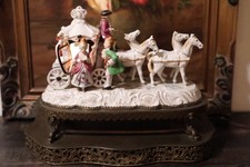 Vintage Porcelain Horse Drawn Carriage Figurine Ornate Brass Base Made in Japan picture