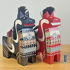 XL Vintage Japanese Yawata Uma Wooden Horse Pair Red Black 12.6