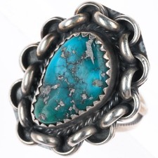 sz7 vintage Navajo sterling silver Morenci turquoise ring chain bezel picture