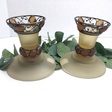 Partylite Paris Frosted Glass Metal Tealight Candle Holders Amber Vintage Pair picture