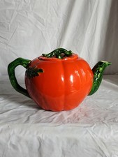 Vintage Maruhon Ware Tomato Teapot Ceramic Japan Hand Painted Red Orange Vine picture
