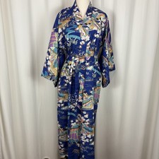 VTG JUGUEMM Kimono Robe Blue Gold Geishas River Cherry Blossoms Cotton JAPAN 56” picture