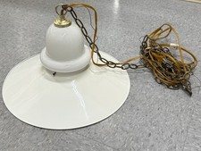 Vintage 17in Metal Saucer & Milk Glass Silver Pendant Hanging Light With Chain picture