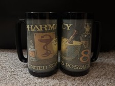 Pair New Vtg 1972 Thermo Serv Mugs Black & Gold Pharmacy Stamp 6.5