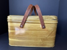 Vintage 1950s Faux Wood Grain Metal Picnic Basket with Wooden Handles picture