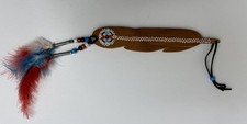 Native American Carved Wood Feather Beaded Art Signed Lee Crowley Mohawk Ottawa picture
